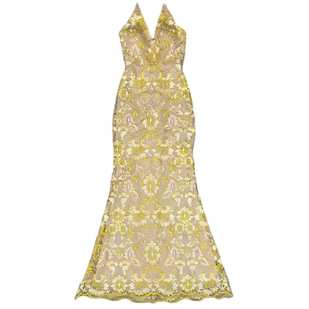Elegant Gold Yellow Lace Floral Women's Formal Dress / Mardi Gras Ball